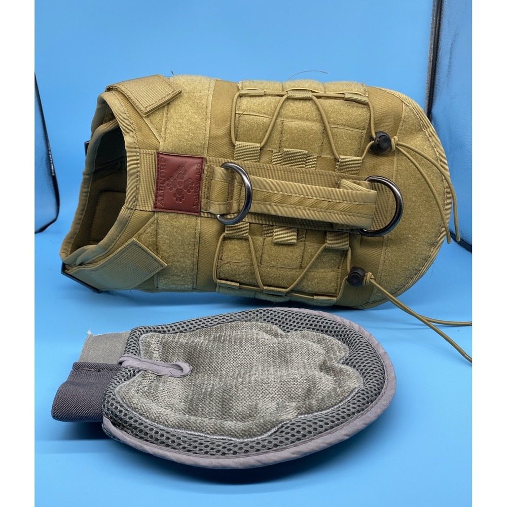 Tactical Dog Vest Harness Size L Khaki Color & Dual Function Grooming Glove
